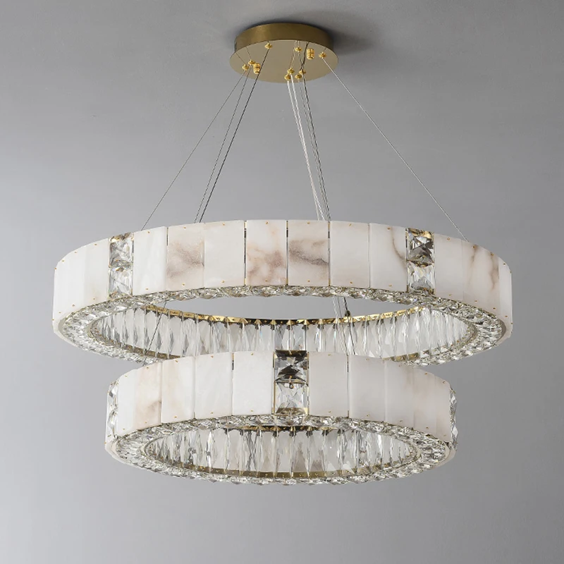 Modern Natural Marble Pendant Light Simple Crystal Round Chandelier For Villa Living Room Dining Room Grand Hall Luxury Lighting