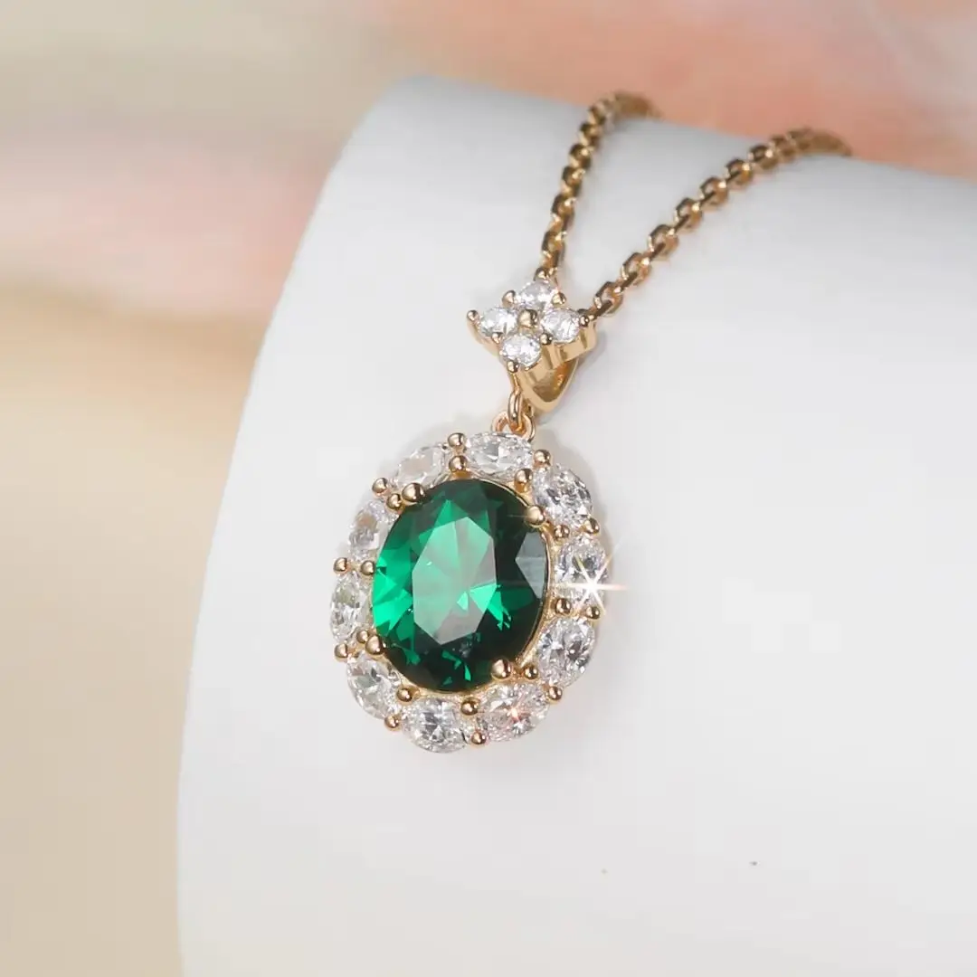 TYYL 8*10mm Oval Simulated Emerald Necklace For Women Vintage Halo Zircon Choker Luxury Pendant Wedding Party Fine Jewelry Gift