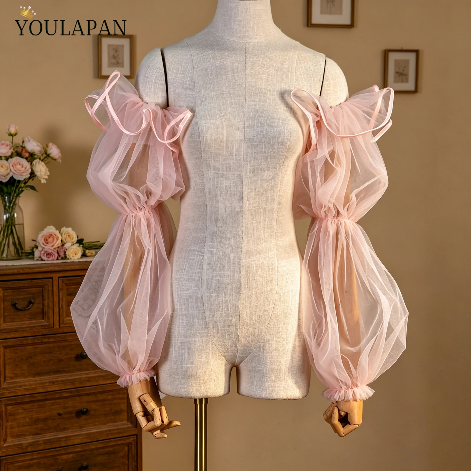 TOPQUEEN Pink Bridal Mesh Gloves Detachable Puff Sleeve Bridal Wedding Accessories Gloves Mm37