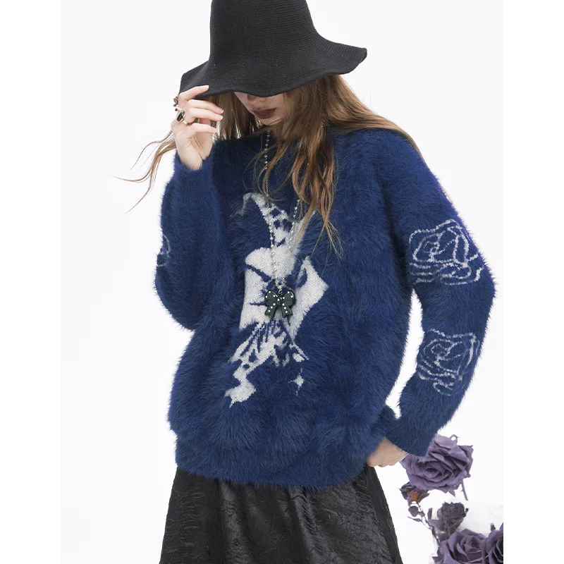 ELFSACK Women's Grunge Oversized Knit Sweater with Art Graphic Jacquard, Fuzzy Long Sleeve Pullover, Aesthetic Top Winter