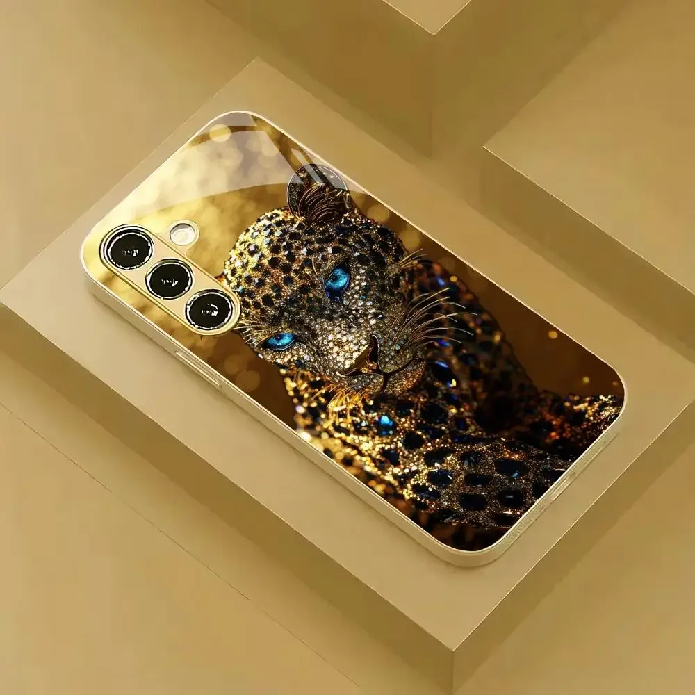 Luxurious Diamond Studded Blue Eyed Leopard Phone Case with Premium Gold Border, Suitable For Samsung S21/22/23/24/25/26