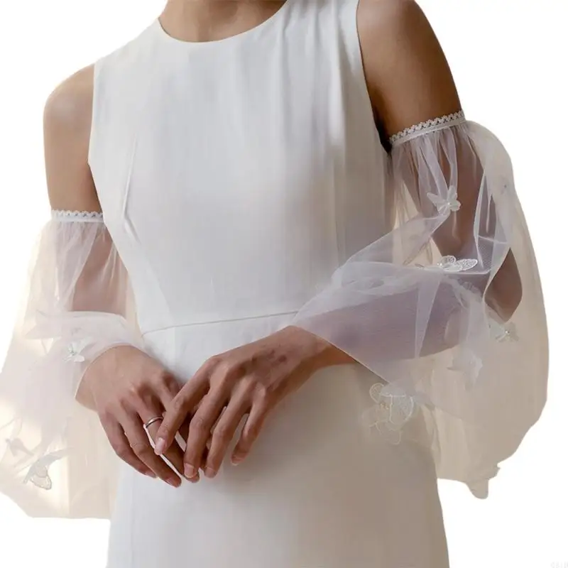 Wedding Gloves With Delicate Pearls Detail And Airy Tulle Sleeves For Brides