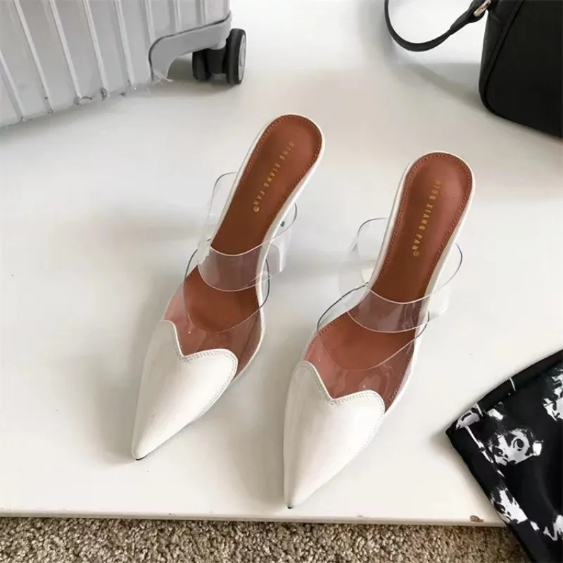 Patent Leather PVC Pumps Stiletto Sandals Pointed Toe PVC Straps Heart Detailing at the Toes High Heel Slippers Wedding Shoes