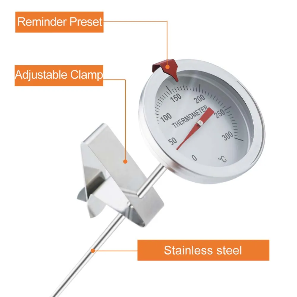 Stainless Steel Deep Fry Thermometer 0-300°C with Adjustable Clamp – No Battery, Oil Temp Control for Frying Food