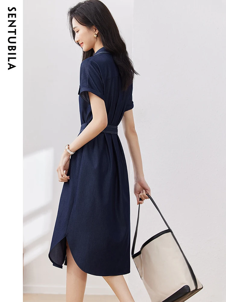 Sentrubila-Robe en denim cargo pour femme, robe droite midi à revers avec ceinture, style cargo, été 2023, 132L49550