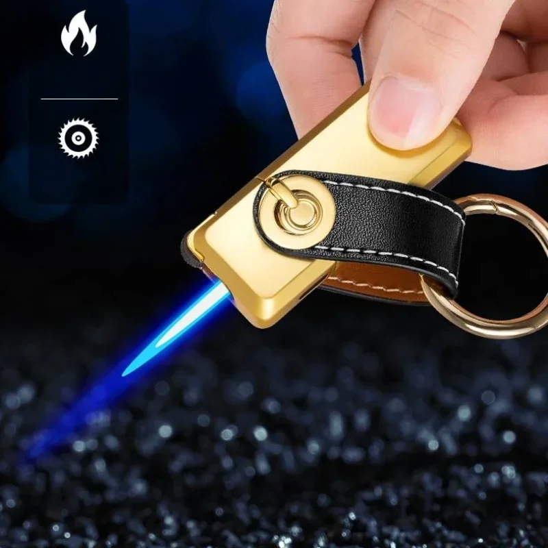 Mini Keychain Pendant Inflatable Blue Flame Direct Charge Windproof Grinding Wheel Lighter Transparent Gas Chamber Metal Leather