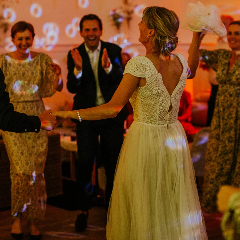 Cap Sleeves Round Neck Boho Soft Tulle Bridal Gown Customized Large Size Hollow Out Lace Maxi Full Length Wedding Dress No Train