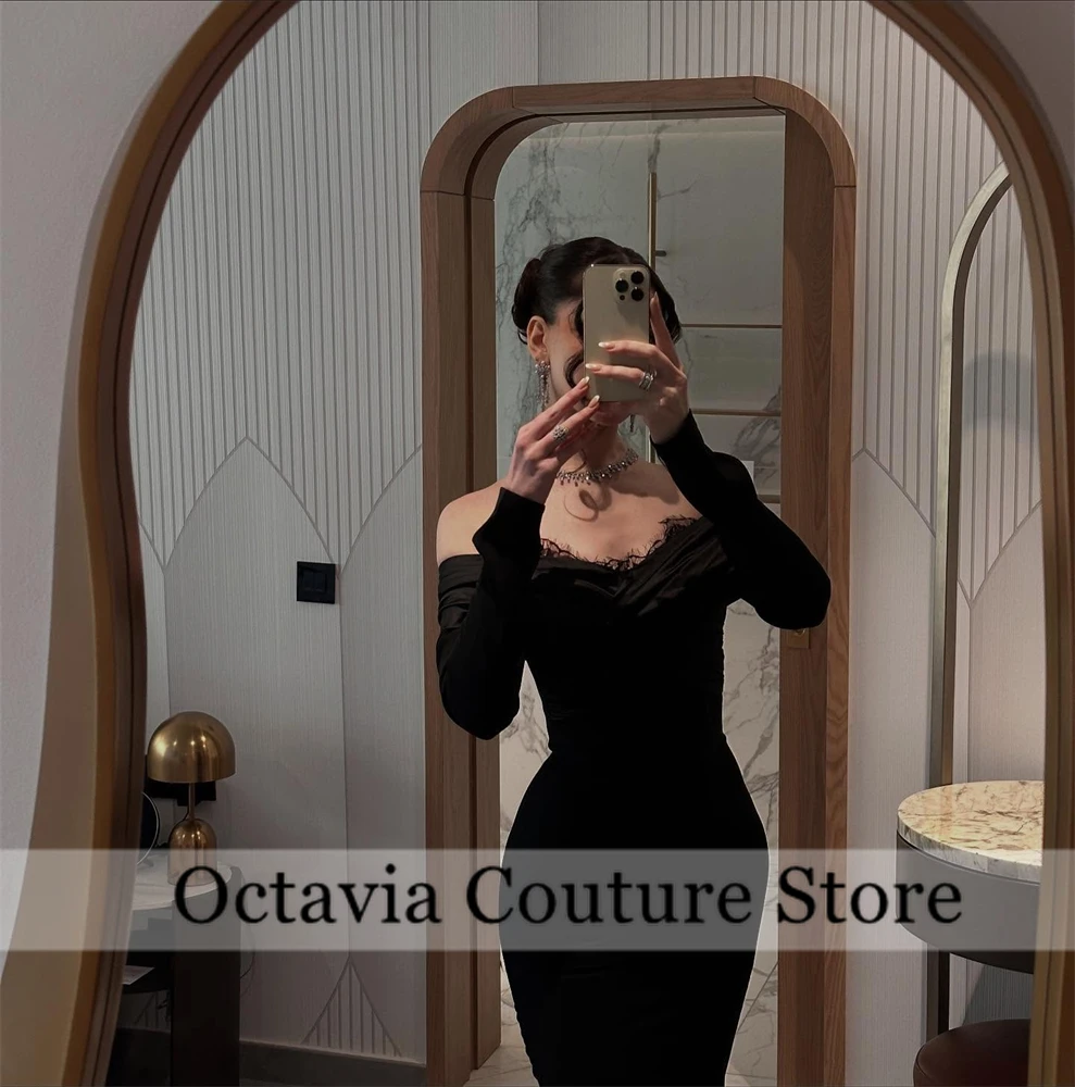 فساتين سهرة سوداء مكشوفة الكتف للنساء مطرزة بأكمام طويلة على شكل حرف A من الشيفون فستان رسمي طويل للحفلات حسب الطلب