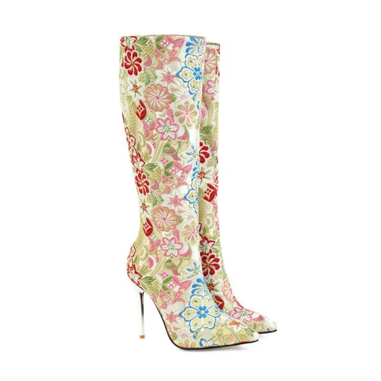 Embroidery Crystal Classic Style Pointed Toe Knee-High Women Boot Stiletto High Heel Back Zipper Design Large Size Fashio Shoes