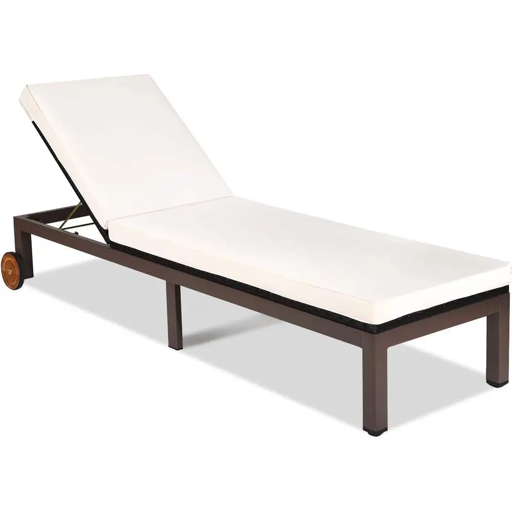 

5-Position Adjustable Outdoor Rattan Chaise Lounge Chair with Cushioned Seating and Wheels for Patio, Garden, Poolside (Beige)