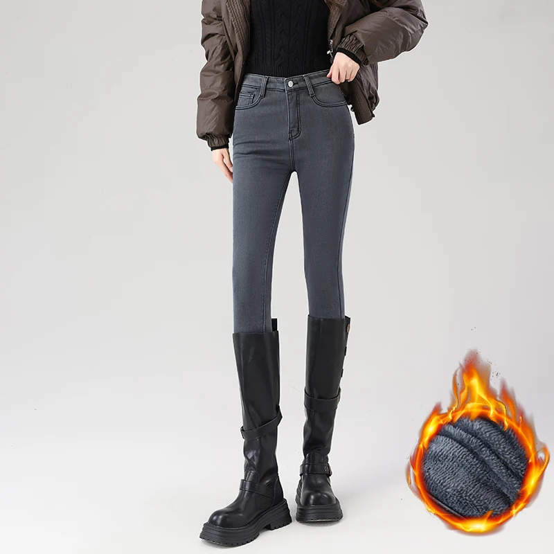 Frauen Fleece Warme Winter Jeans Verdicken Elastische Dünne Bleistift Hosen Mode Koreanische Dünne Plüsch Thermo Leggings Hosen – Detail 22