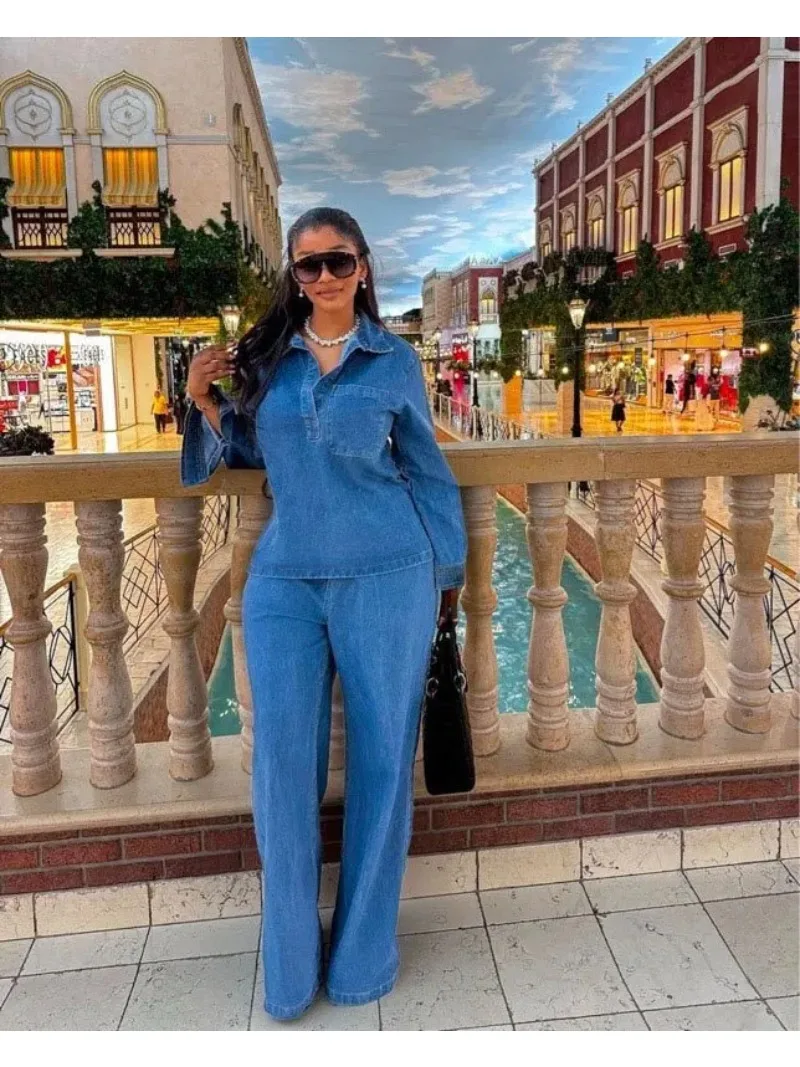 أزياء المرأة مجموعة طويلة الأكمام غسلها الدنيم قمم قمصان + بنطال ذو قصة أرجل واسعة دعوى 2025 الربيع الشارع اثنين 2 قطعة مجموعة الزي #5