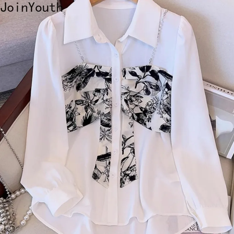 Fake Two Women Shirts 2024 Camisas De Mujer Long Sleeve Patchwork Print Blouses Beading Fashion Korean Blouse Tops Female 27y433