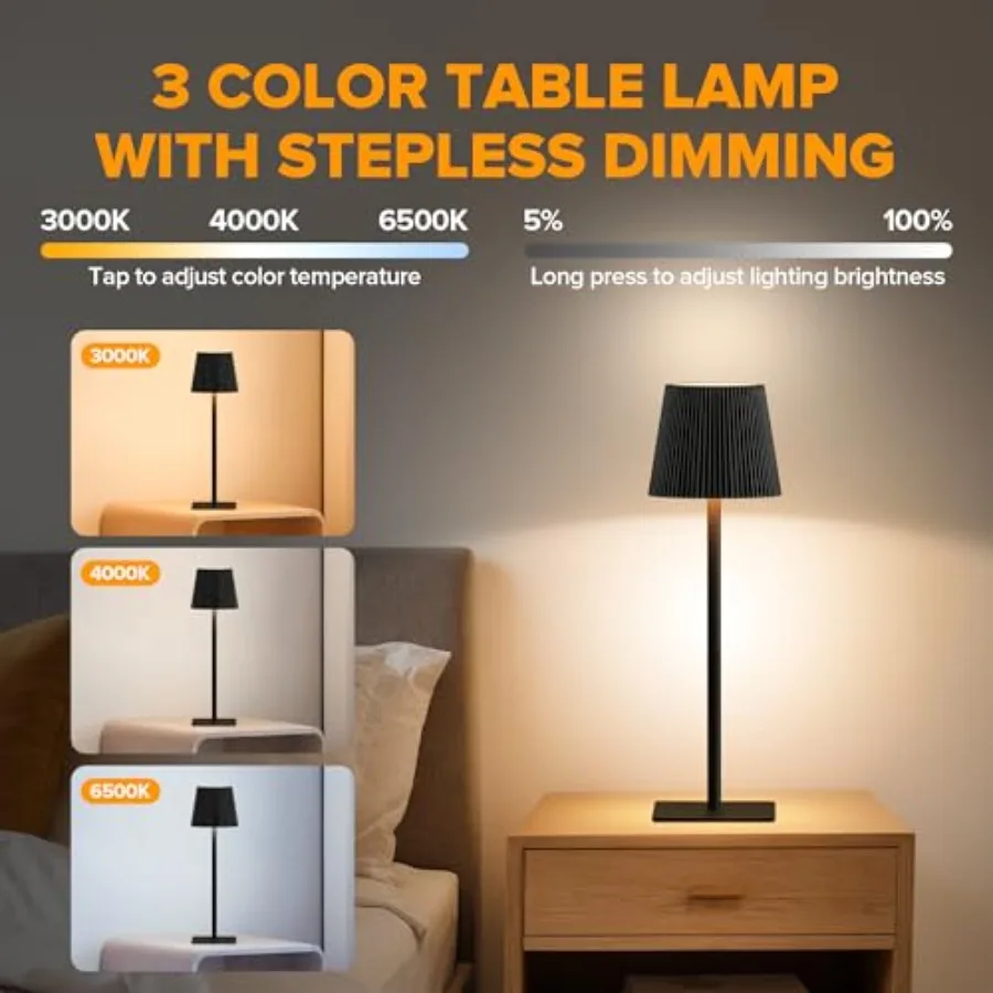 4 Pack Cordless Table Lamp, 6000mAh Rechargeable Battery Operated Desk Lamp, Two Adjustable Heights, Waterproof, Touch Control