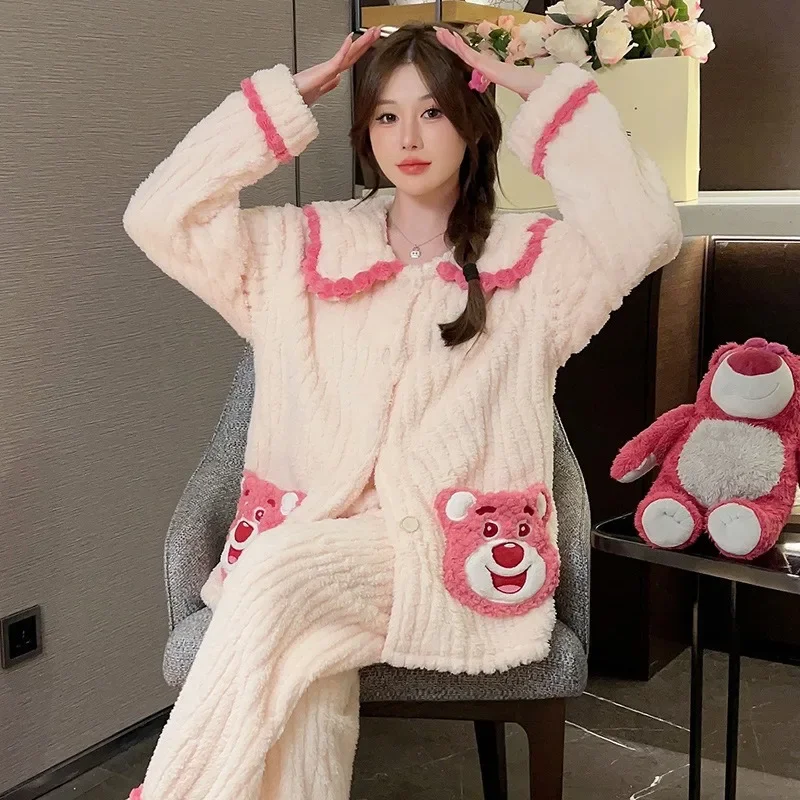 125kg Large Size Winter Plush Pajamas Set Women\'s Sweet Cardigan Long Sleeve Trousers Loungewear Thicken Warm Fluffy Sleepwear