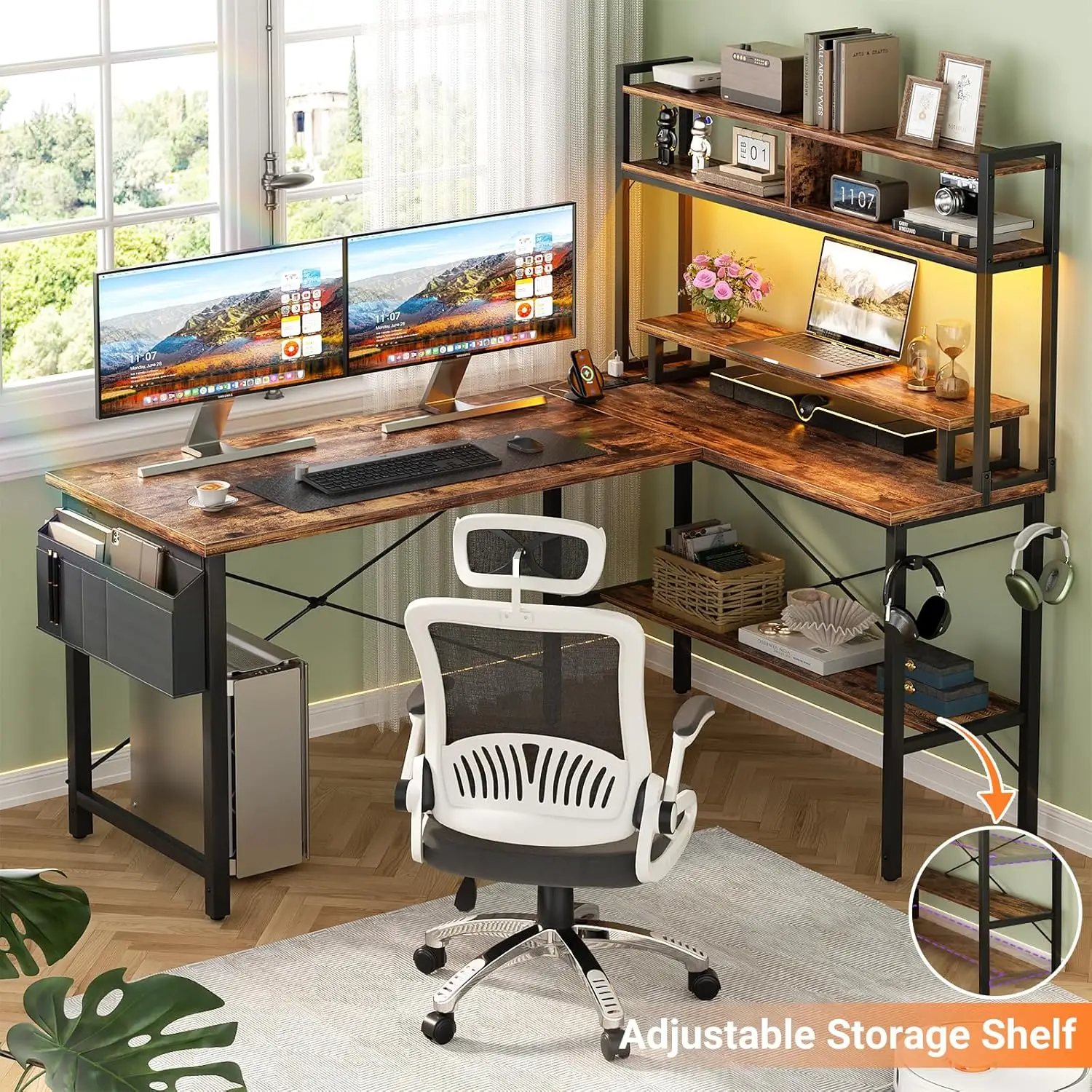 L Shaped Gaming Desk with Power Outlets & LED Lights, Small L-Shaped Desk Computer Corner Desk with Monitor Stand & Storage Shel