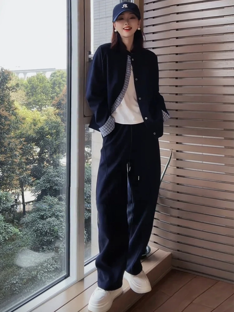 

Chic Korean Style Anti-Aging Sporty Casual Women's Two-Piece Set Autumn Fashion Outerwear Top Wide Leg Pants