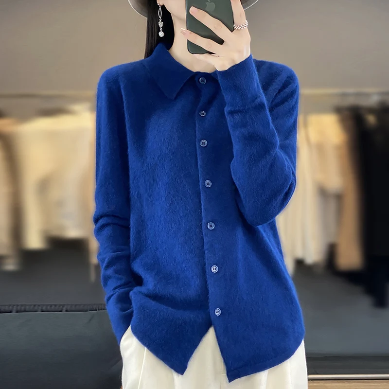 100% Mink Cashmere POLO Collar Women\'s Sweater Cardigan Solid Color Thick warm Cardigan Sweater For Women 2023 Autumn/Winter New