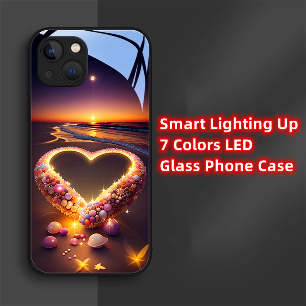 Heart Beach LED Light Glowing Luminous Tempered Glass TPU Border Phone Case For iPhone 15 14 13 12 11 Pro Max XR XS Plus SE2020