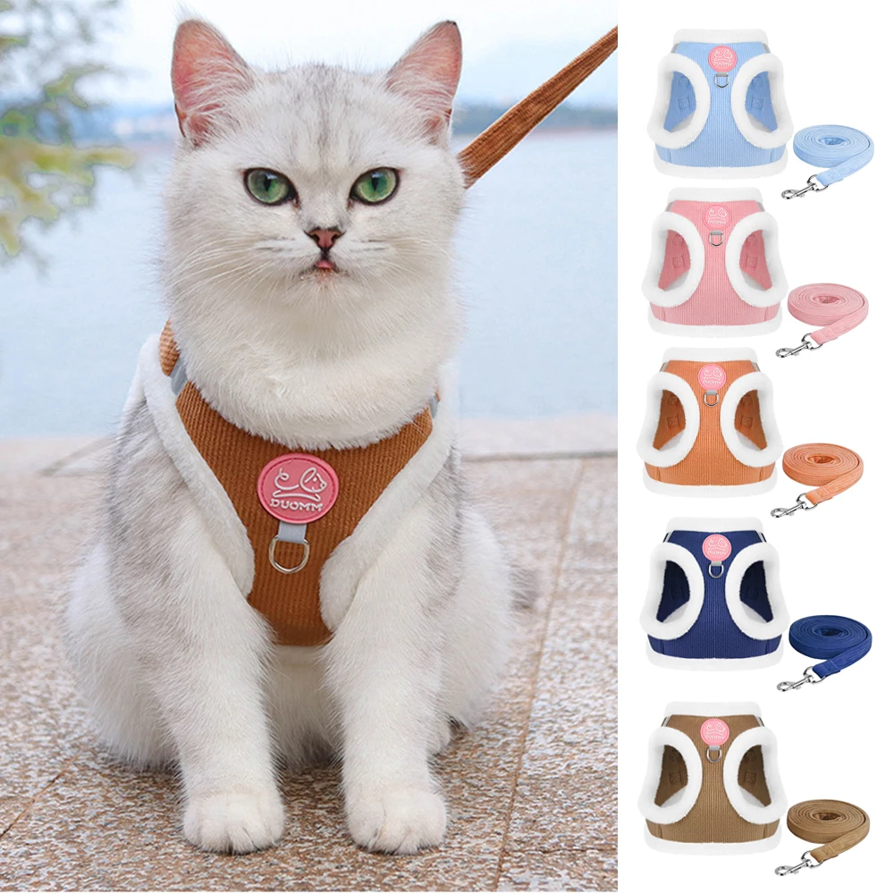 

Cat Harness Corduroy Autumn Winter Set - Soft Adjustable Vest & Leash for Walking Soft Vest for Small Medium Cats