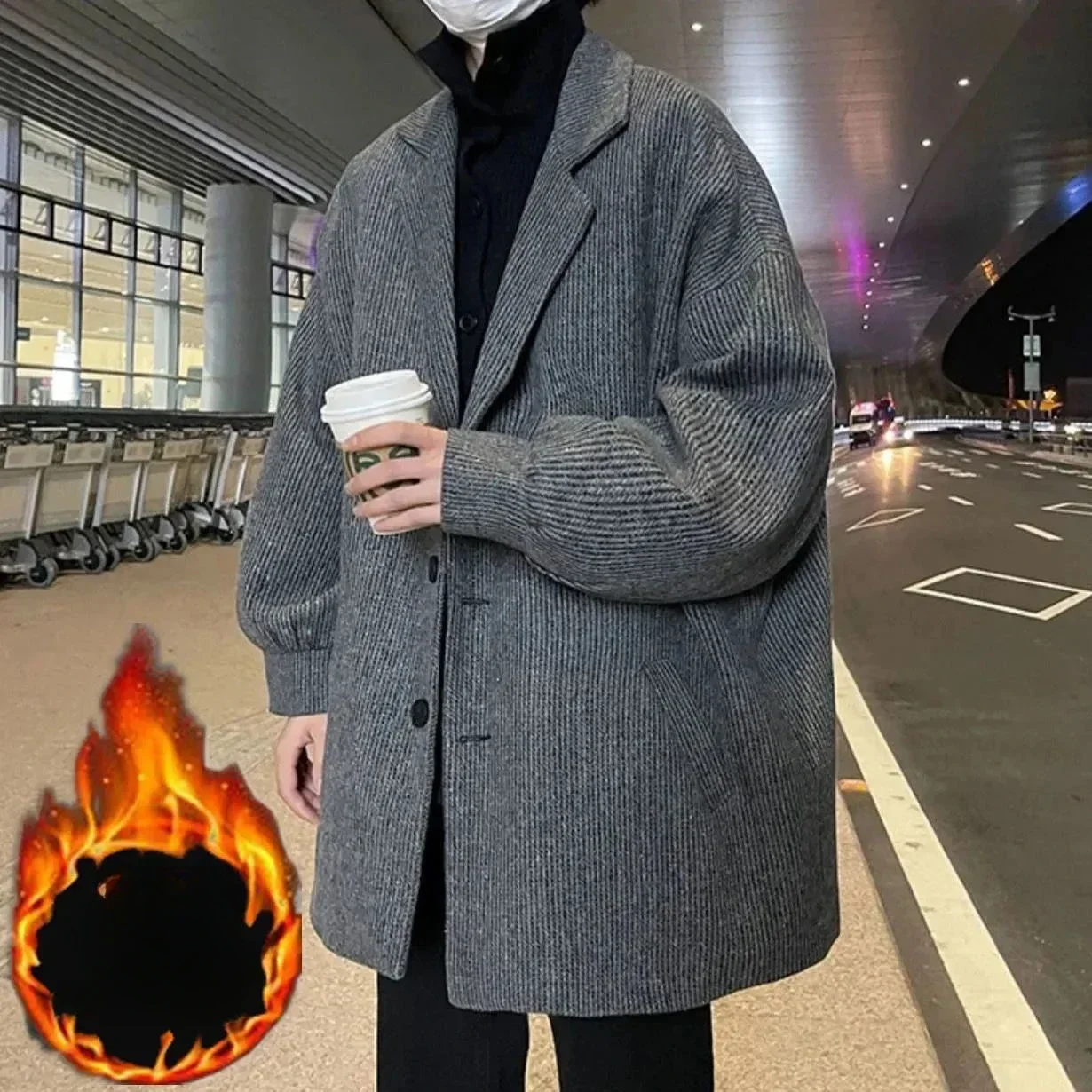 Winter Cotton Thickened Woolen Overcoat Men's Ruffian Handsome Mid-length Casual Loose High Street Windbreaker Coat Male Clothes