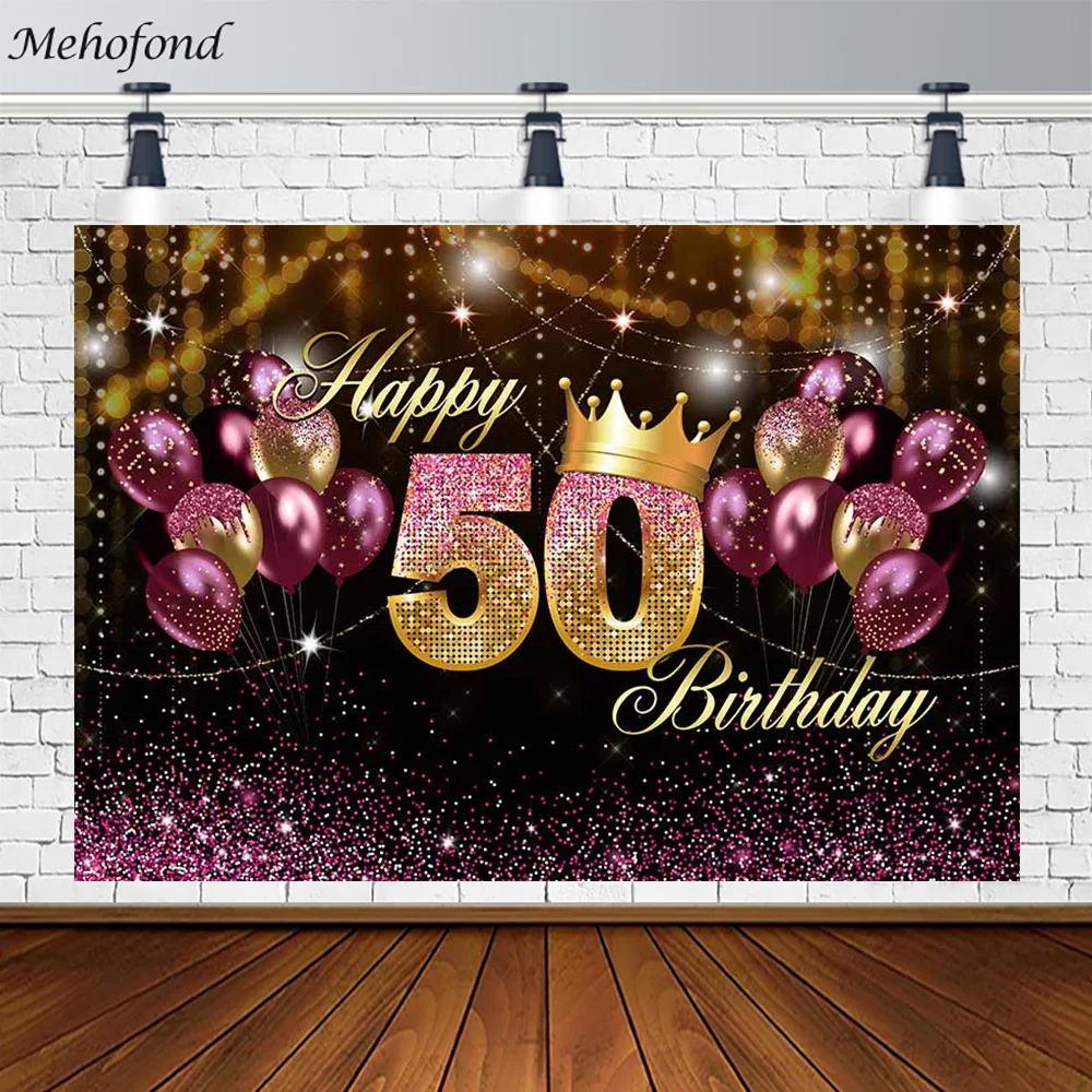 

Happy 30 50 70 Birthday Backdrop Gold Pink Glitter Party Background for Photography Balloons Black Poster Photo Studio Photocall