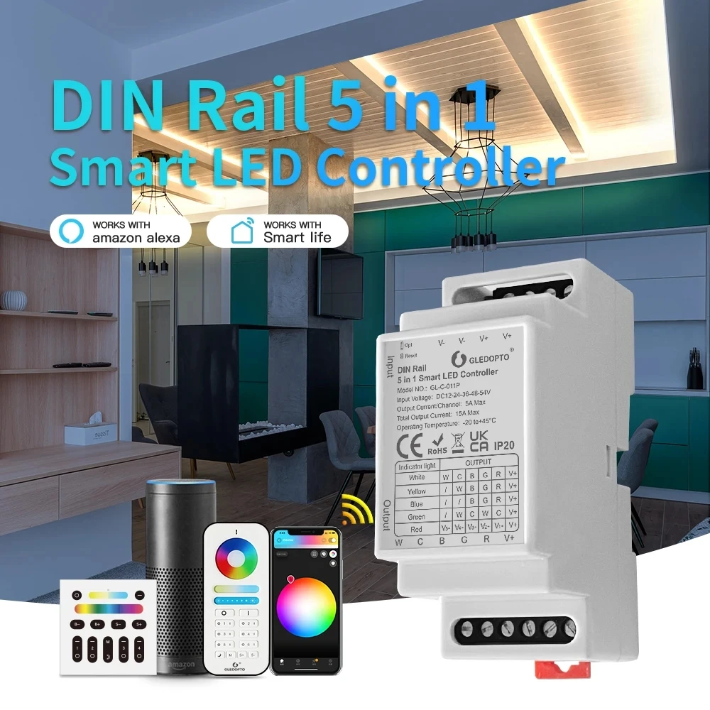 Inteligentna aplikacja Zigbee 3.0 Din Rail 5 w 1 kontroler Alexa Tuya sterowanie głosem RGBCCT/RGBW/RGB/ CCT/Dimmer kontroler taśmy ledowej