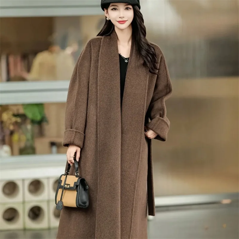 Women Double-Sided 100% Wool Coat Jacket Women Long Beautiful Woolen Winter Autumn Warm Fashion Water Ripple Cloak