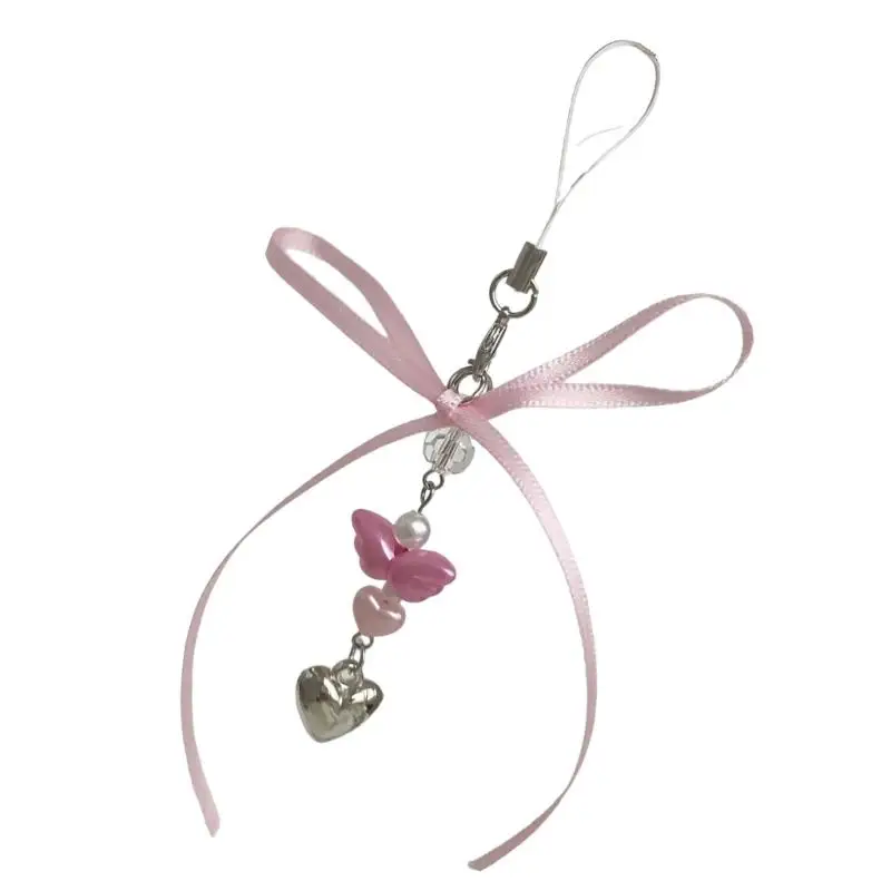 A52E Charm-Handykette in Herzform aus Silber, verziert mit Engelsflügel und Band – Detail 8