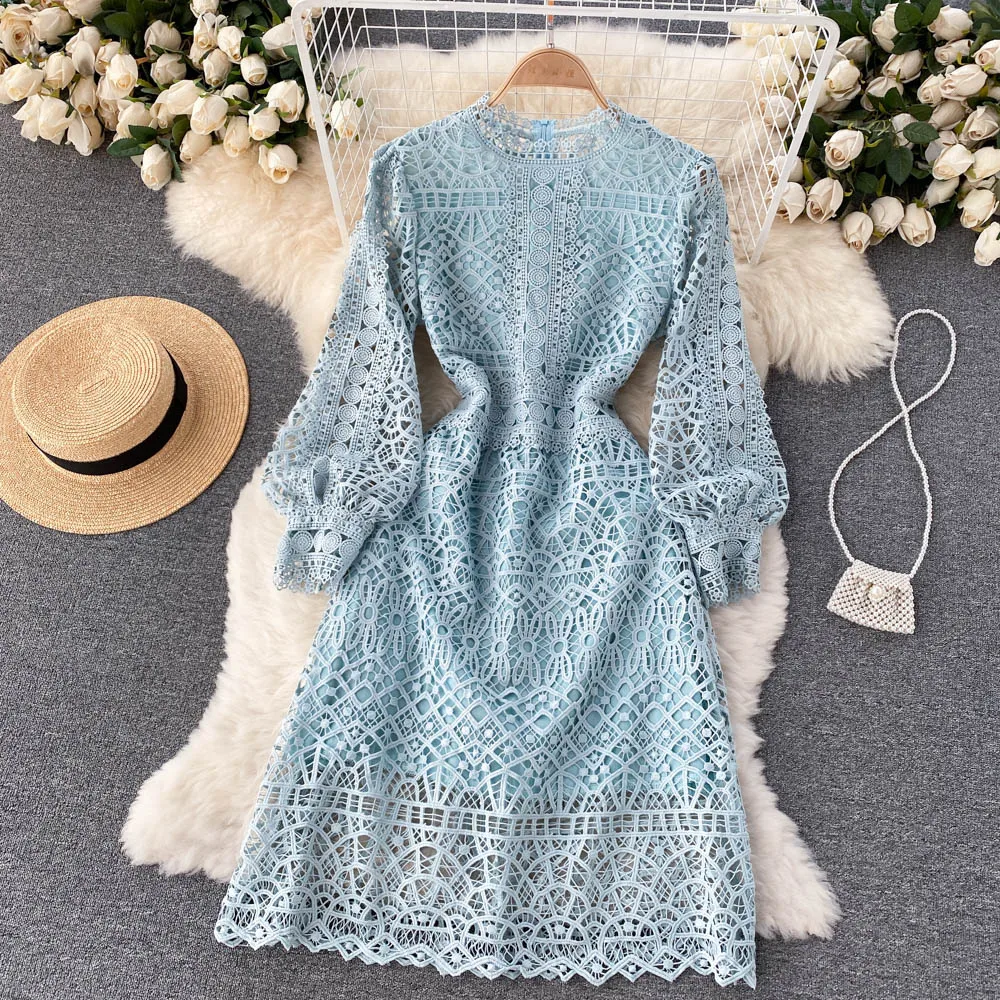 

Women's Runway Fashion Spring Autumn Long Sleeve Hollow Out Lace Dress Female High Waist Chic Party A-line Dress TB1011