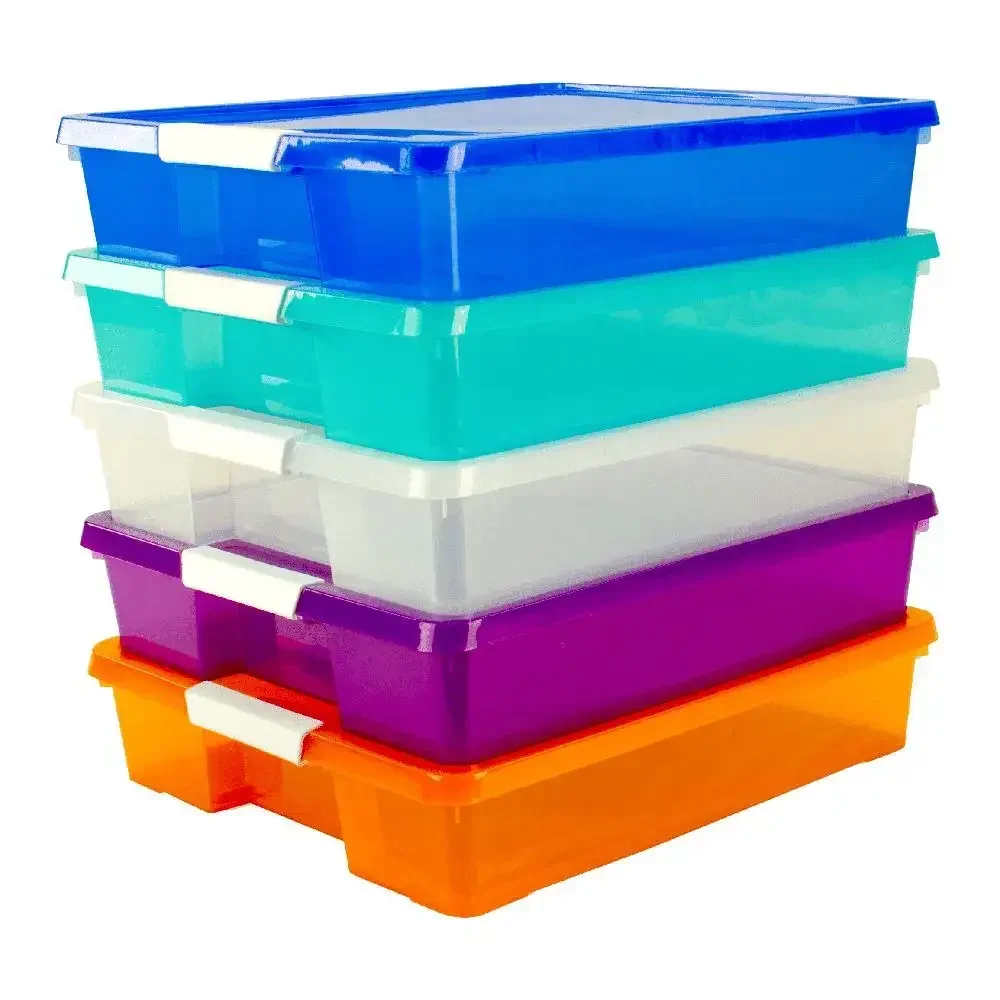 

Clear Plastic Craft Storage Box Assorted Bright Colors Snap-Shut Latch Stackable 15x13x3" 5-Pack