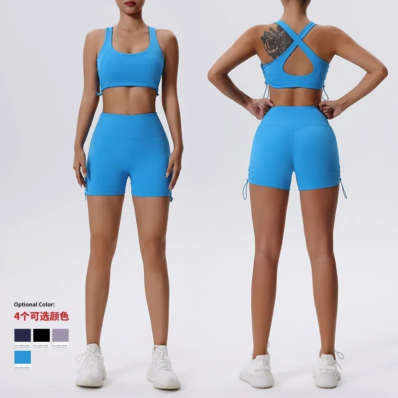 Yoga Pilates Running Fitness Gym Sports Yoga Suit for Women Two Piece Crop Top Bra and Drawstring Shorts Workout Set Active Wear