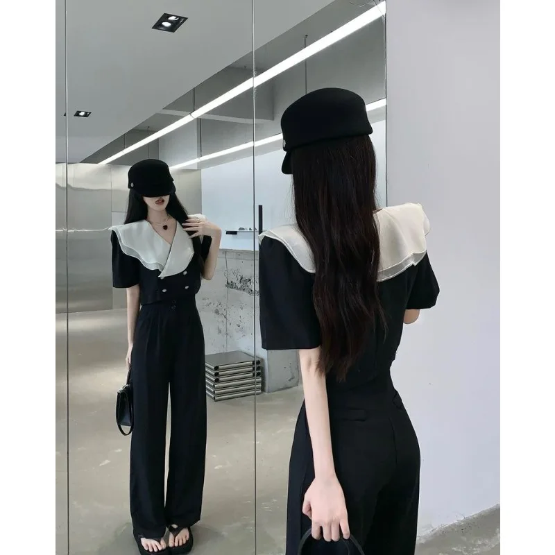 

Lnsozkdg 2024 Summer Women Sets Hit Color Ruffle V-neck Double Breasted Short Blouse Top + High Waist Long Pants Two Pieces Set