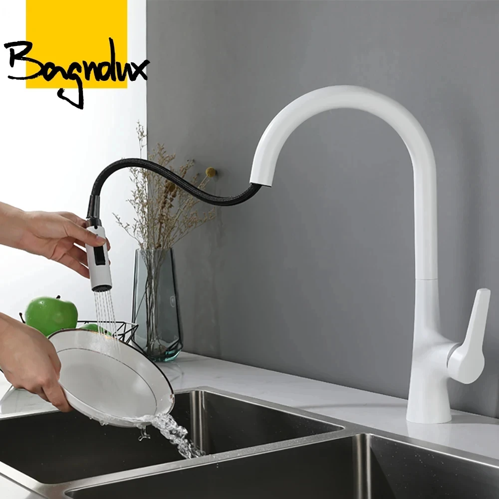 Bagnolux White Brass Deck Mounted Kitchen Faucet Two Function Single Handle Pull Out Mixer Hot and Cold Water Pull Out Taps