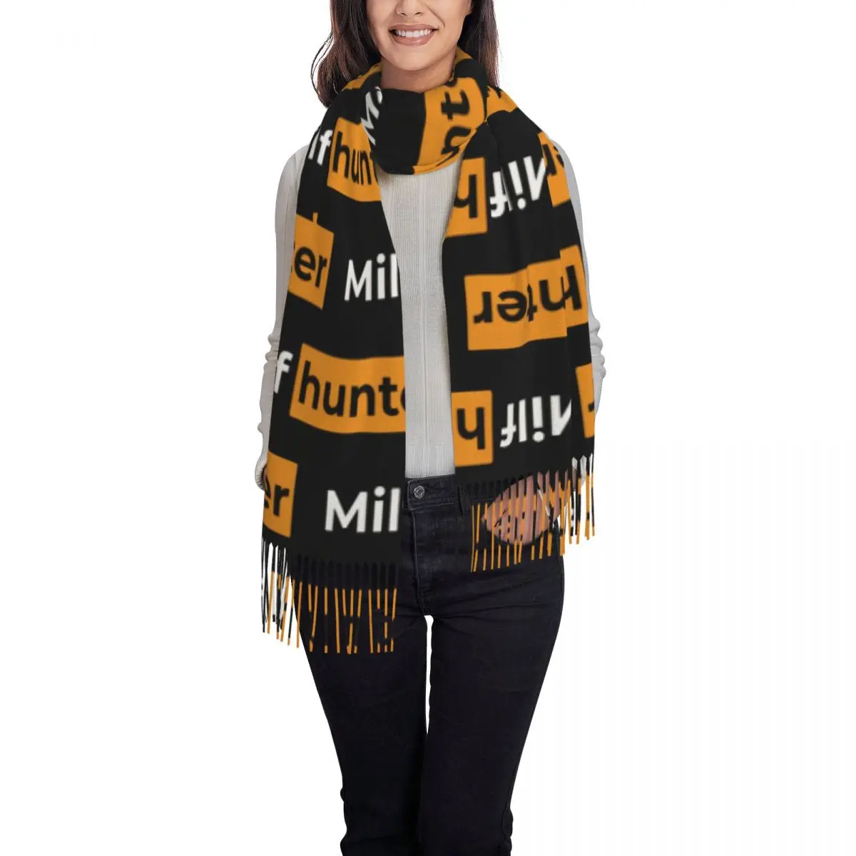 Custom Funny Milf Hunter Adult Humor Joke Tassel Scarf Women Soft Shawls Wraps Lady Winter Fall Scarves