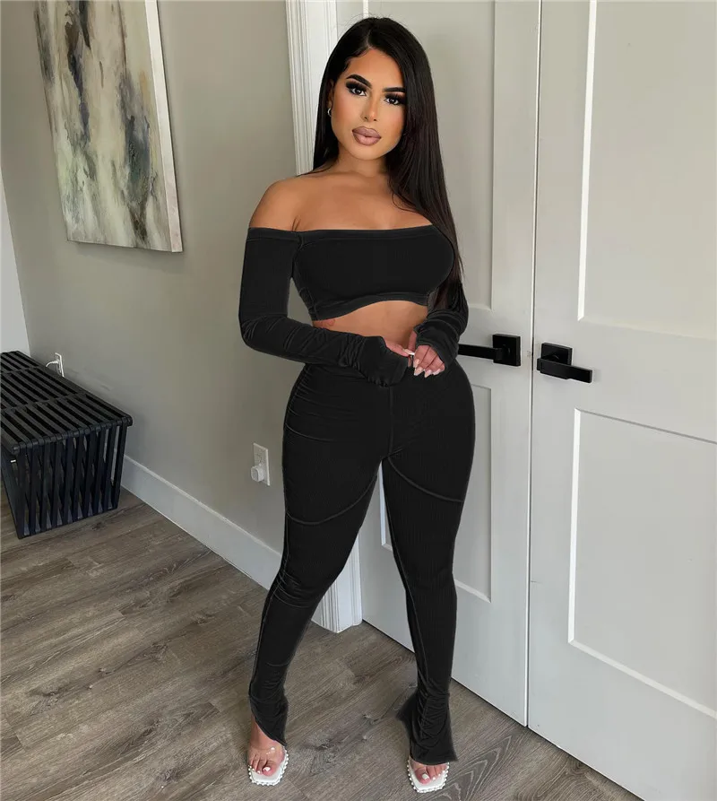 Sexy Knit Rib 2 Piece Sets Womens Outfits Sportwear Slash Neck Crop Top and Split Flare Pants Matching Set Casual Tracksuit Yoga