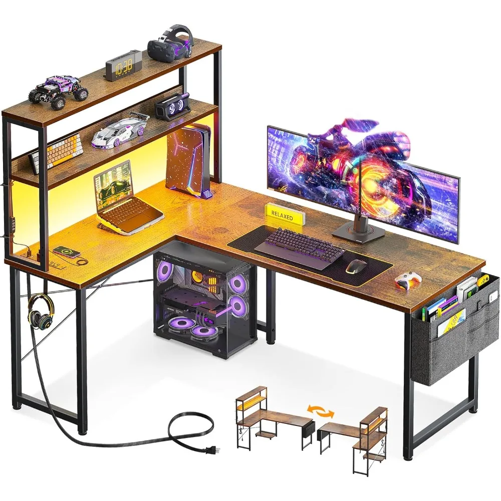 

53 inch L-shaped table with LED lighting, reversible gaming table with power socket, computer desk with storage rack