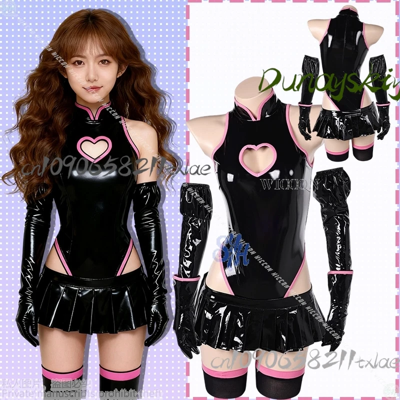 halloween-party-cosplay-hot-girls-jirai-kei-y2k-styles-black-pu-sexy-heart-hollowed-out-clothing-mini-dress-jumpsuit-lingerie