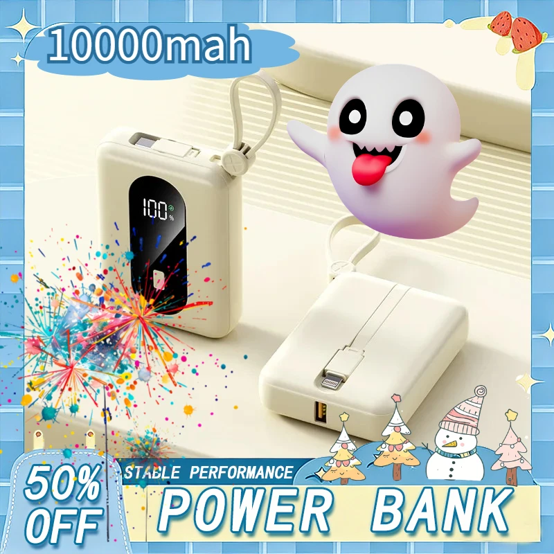 

10000mAh Power Bank Fast Charging External Battery Powerbank Built Cables for iPhone 15 14 Android Mobile Phone Portable Charger