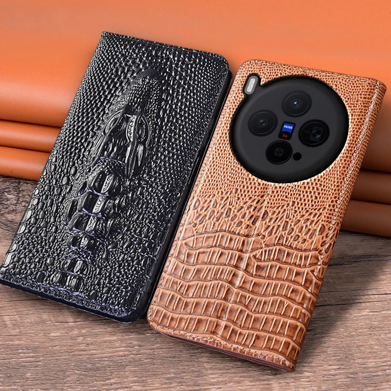 Image of Für VIVO X300 Pro Ultra X300s 5G Flip Case 3D Krokodilkopf Magnetische Abdeckung Rindsleder Echtes Leder Kartenfach Brieftasche Hüllen