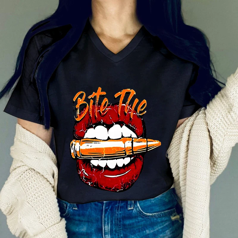 Fashion V-neck Woman T-shirts Bite The Bullet Letter Women's Tee Shirt New Lips Graphic Tee Red Lips Vintage Design Funny Tshirt