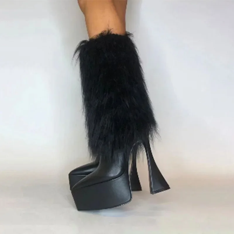 

Black Fur Tassel Warm Boots Strange Style Heel Platform Pointed Toe Fashion Women Knee-High Boots 2025 Winter Novelty Boots