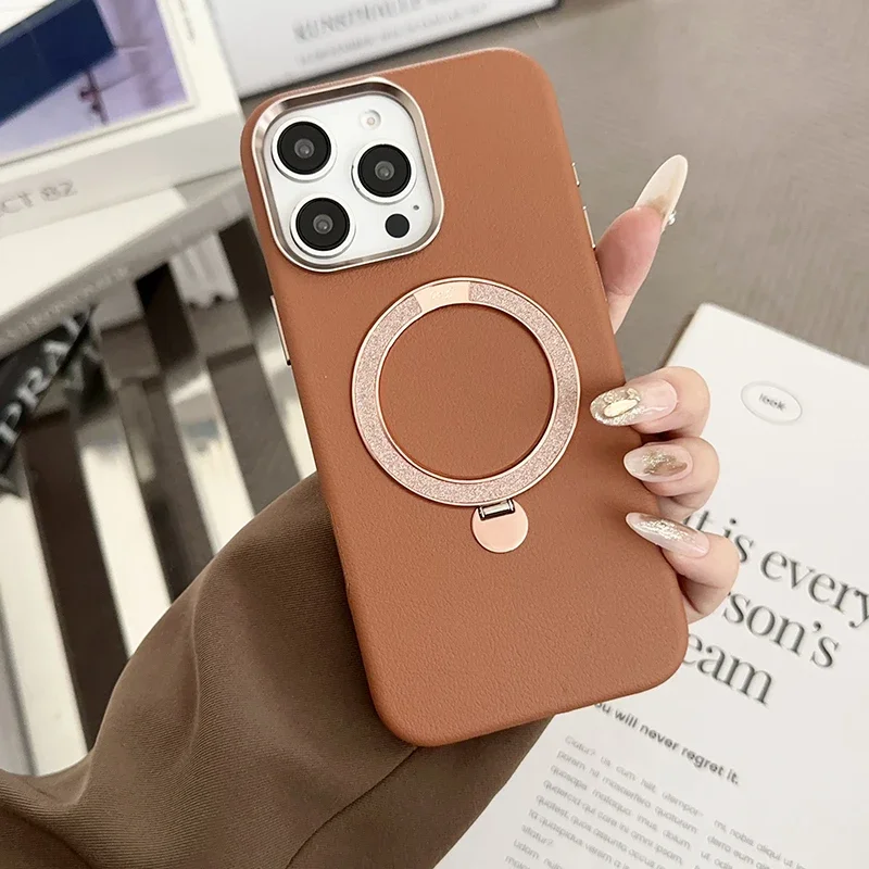 

Leather Metal Ring Holder Magnetic Phone Holder Suitable for IPhone 16 15 14 Pro Max Plus Lens Camera Alloy Frame Back Cover