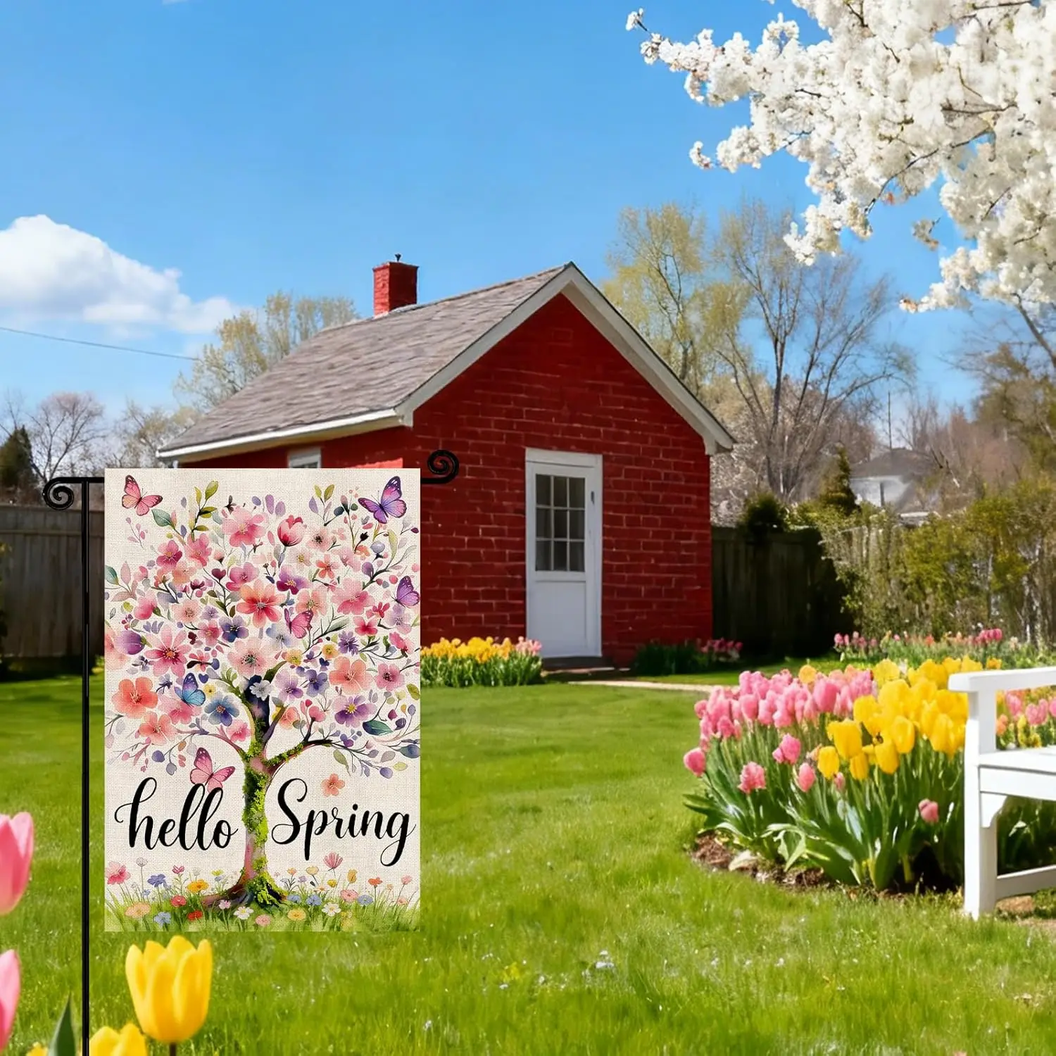 Hello Spring Garden Flag 12x18 Inch Double Sided, Seasonal Flowers Tree Farmhouse Holiday Yard Outdoor Decorative Flag for O MMZ