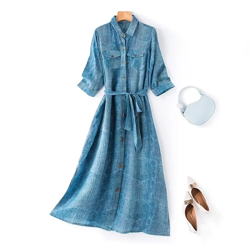 Birdtree 100%Natural Silk Light Luxury Dresses Age Reducing Shirt Style Temperament Dress Slim Denim Pocket Women Skirt D37919QM