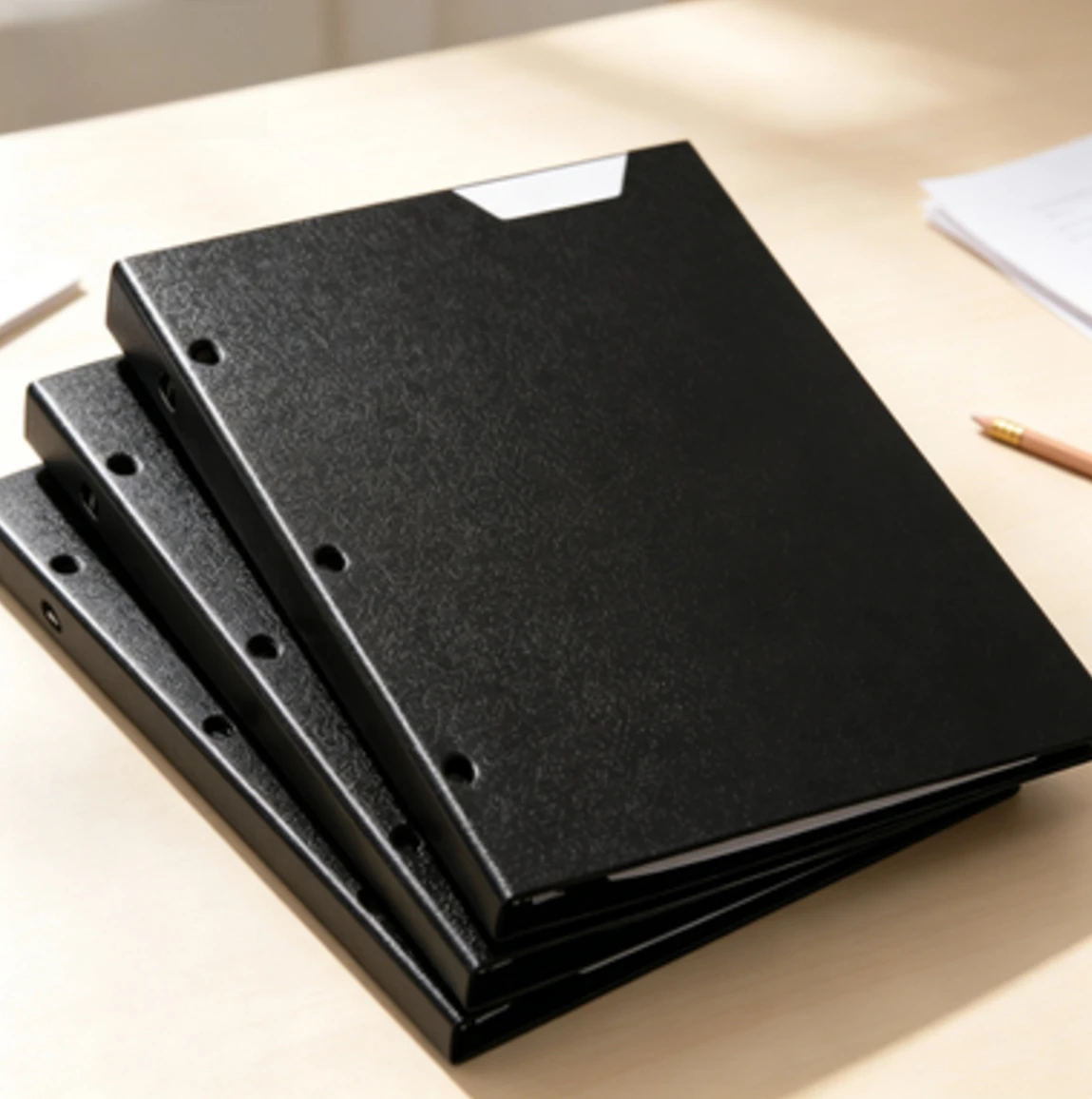 Black Customizable 4 Pocket Paper Folder, Water Resistant 3 Hole Punched Document Portfolio with Blank Label Tab for School Office Stationery