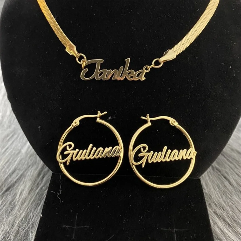 LeeChee 5mm Snake Chain Custom Name Pendant 30mm round Hoop Earrings Jewelry Set for Women Birthday Anniversary Gift view 3