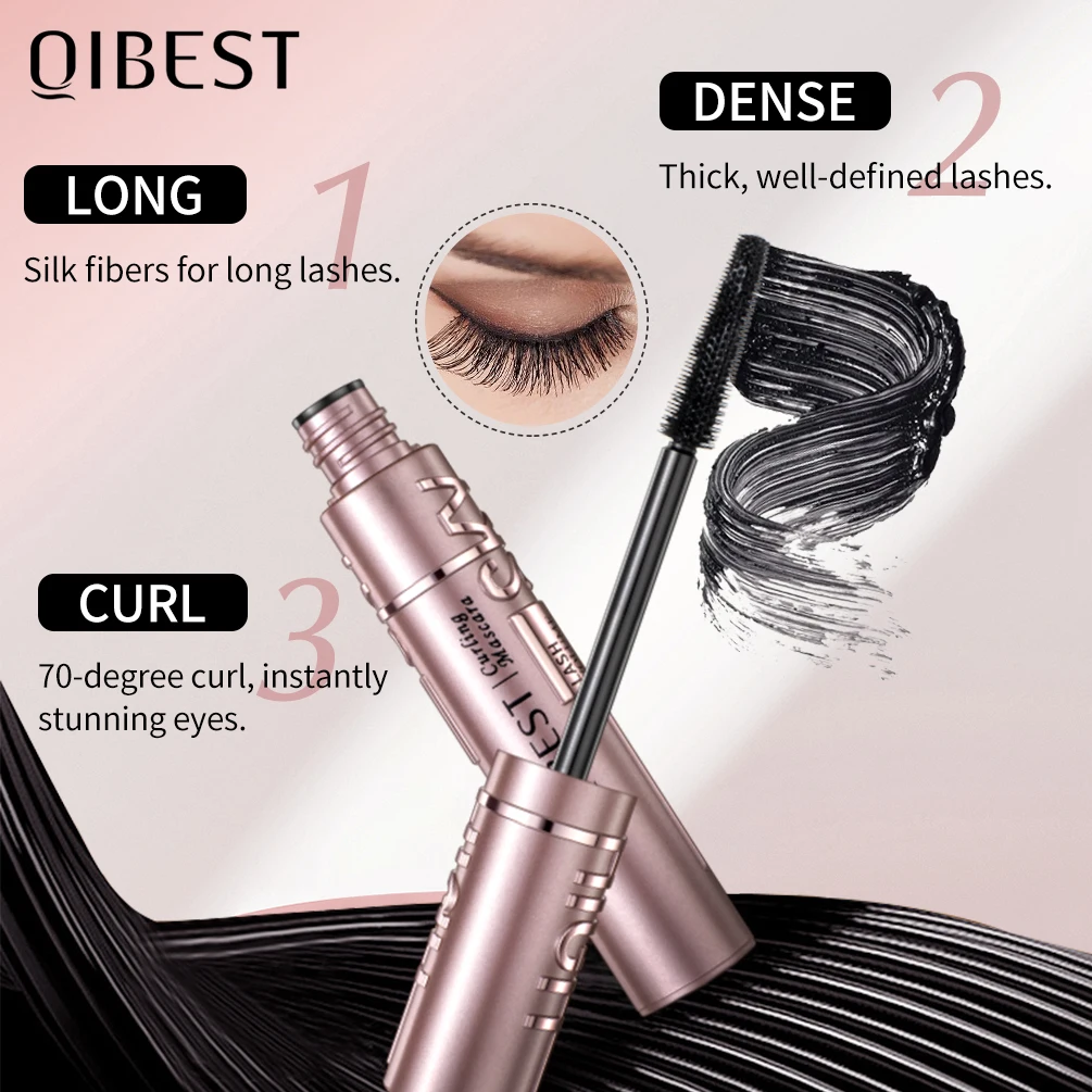 QIBEST-Waterproof Black Eyelashes Extension Mascara, Alonga os Cílios, Não-manchas, Alongamento Volume, 4D Silk Fiber Cosmetics