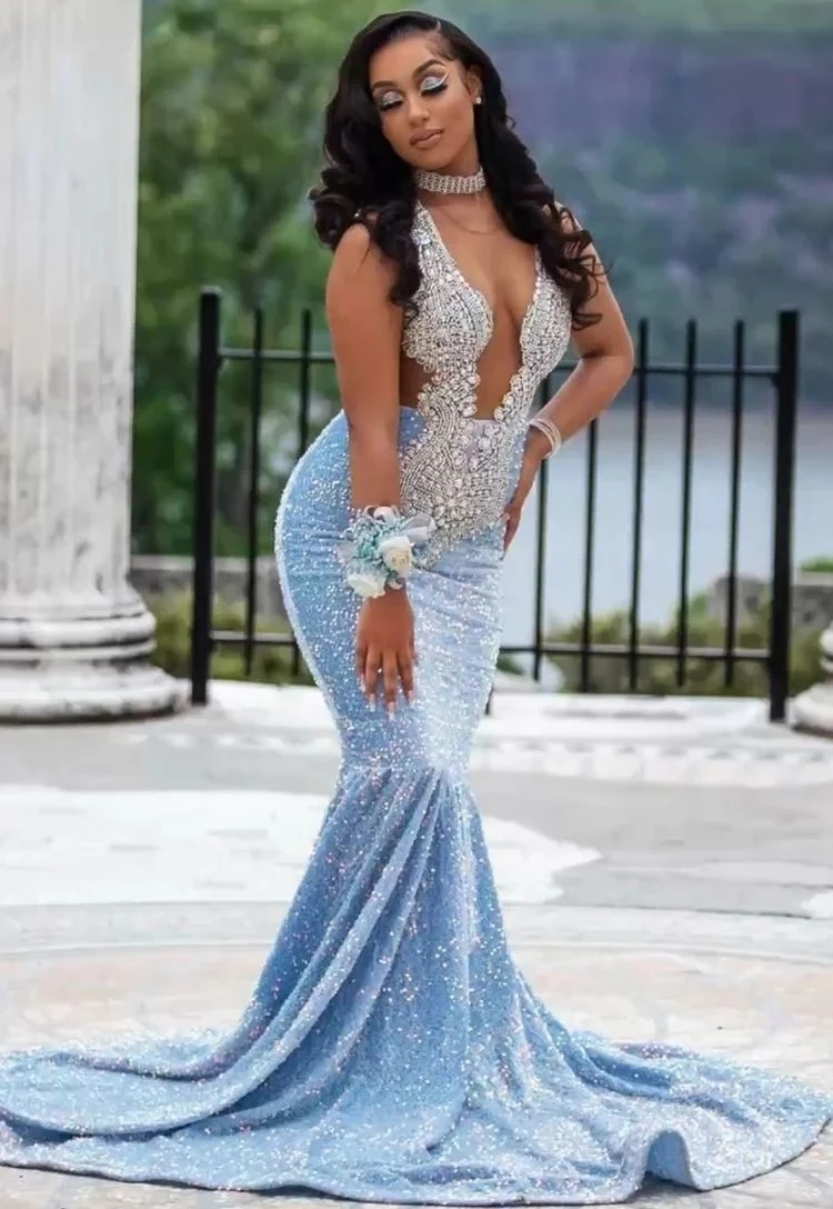 Sky Blue Sheer Long Black Girls Prom Dresses Sexy Top Luxury Diamond Mermaid Sequins Prom Gowns Evening Gala Party Customized