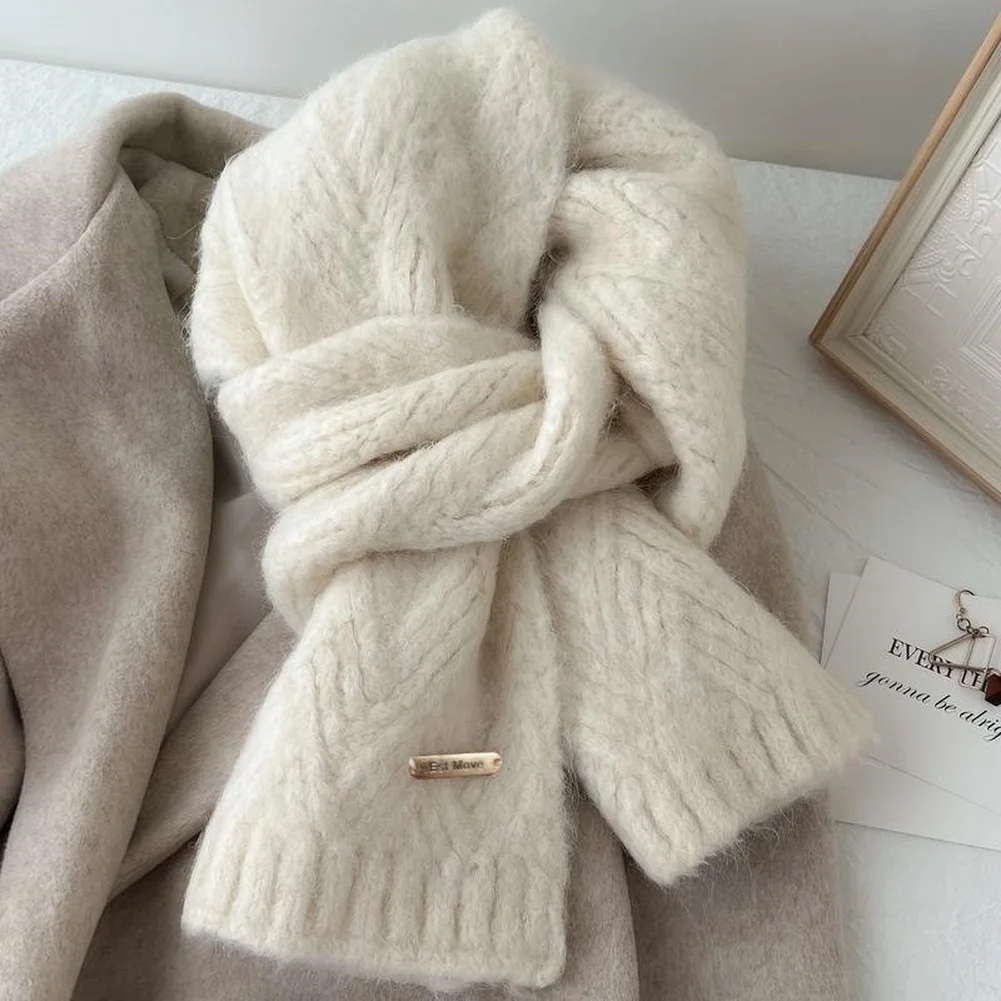 Alpaca Wool Knitted Scarf Women New Style Autumn Winter Korean Version Solid Color Thickened Warm Knitted Scarf